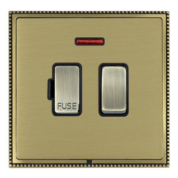 Linea-Perlina CFX Antique Brass Frame/Satin Brass Front 1 gang 13A Double Pole Fused Spur and Neon Antique Brass/Black
