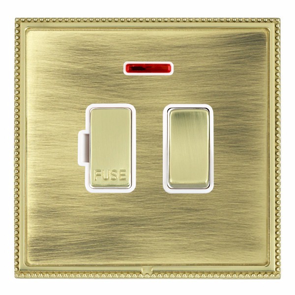 Linea-Perlina CFX Polished Brass Frame/Antique Brass Front 1 gang 13A Double Pole Fused Spur and Neon Polished Brass/White