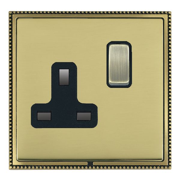 Linea-Perlina CFX Antique Brass Frame/Polished Brass Front 1 gang 13A Double Pole Switched Socket Antique Brass/Black