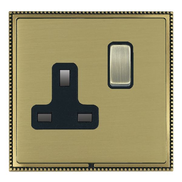 Linea-Perlina CFX Antique Brass Frame/Satin Brass Front 1 gang 13A Double Pole Switched Socket Antique Brass/Black