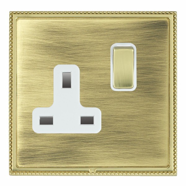 Linea-Perlina CFX Polished Brass Frame/Antique Brass Front 1 gang 13A Double Pole Switched Socket Polished Brass/White