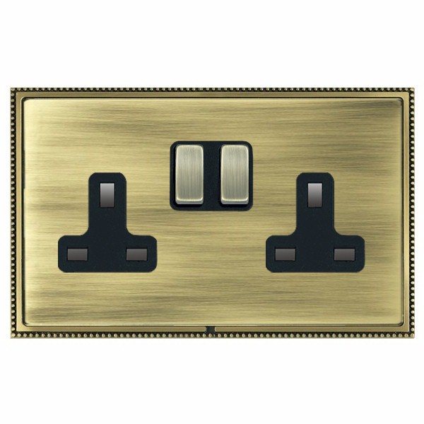 Linea-Perlina CFX Antique Brass Frame/Antique Brass Front 2 gang 13A Double Pole Switched Socket Antique Brass/Black