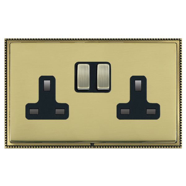 Linea-Perlina CFX Antique Brass Frame/Polished Brass Front 2 gang 13A Double Pole Switched Socket Antique Brass/Black