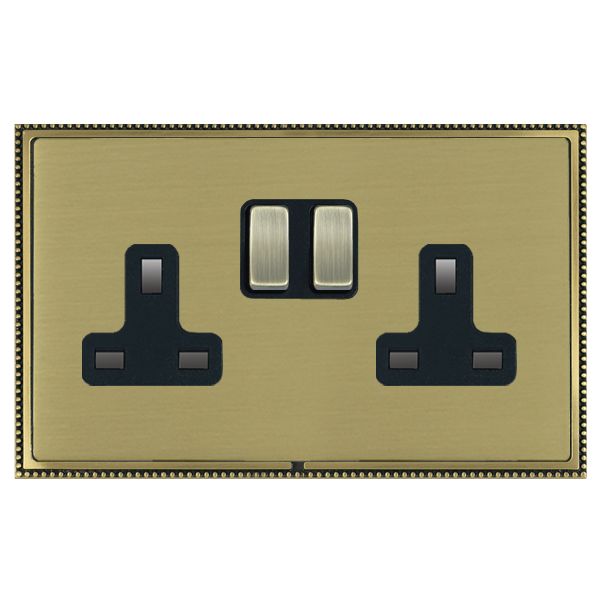 Linea-Perlina CFX Antique Brass Frame/Satin Brass Front 2 gang 13A Double Pole Switched Socket Antique Brass/Black