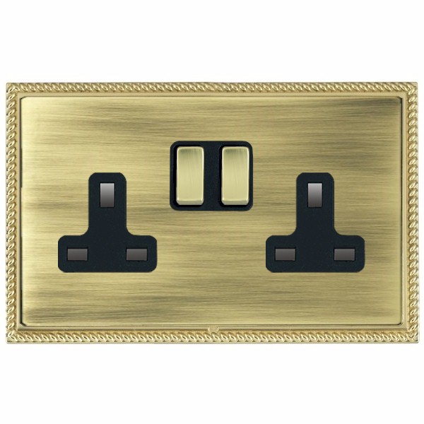 Linea-Perlina CFX Polished Brass Frame/Antique Brass Front 2 gang 13A Double Pole Switched Socket Polished Brass/Black