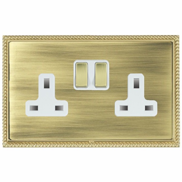 Linea-Perlina CFX Polished Brass Frame/Antique Brass Front 2 gang 13A Double Pole Switched Socket Polished Brass/White