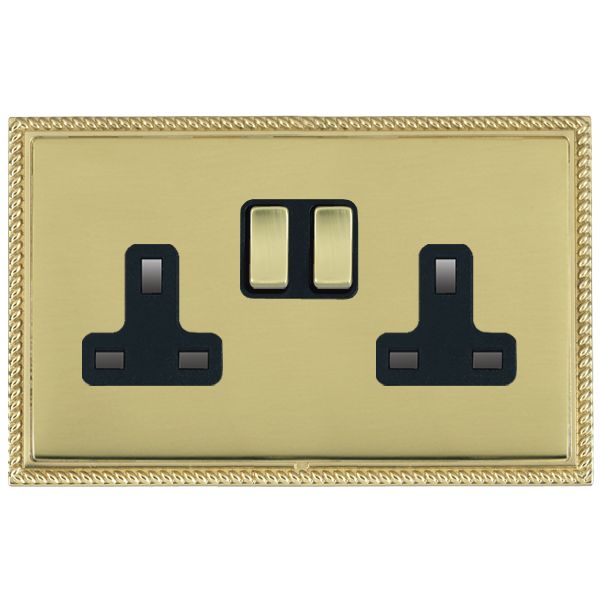 Linea-Perlina CFX Polished Brass Frame/Polished Brass Front 2 gang 13A Double Pole Switched Socket Polished Brass/Black
