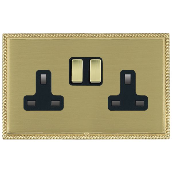 Linea-Perlina CFX Polished Brass Frame/Satin Brass Front 2 gang 13A Double Pole Switched Socket Polished Brass/Black
