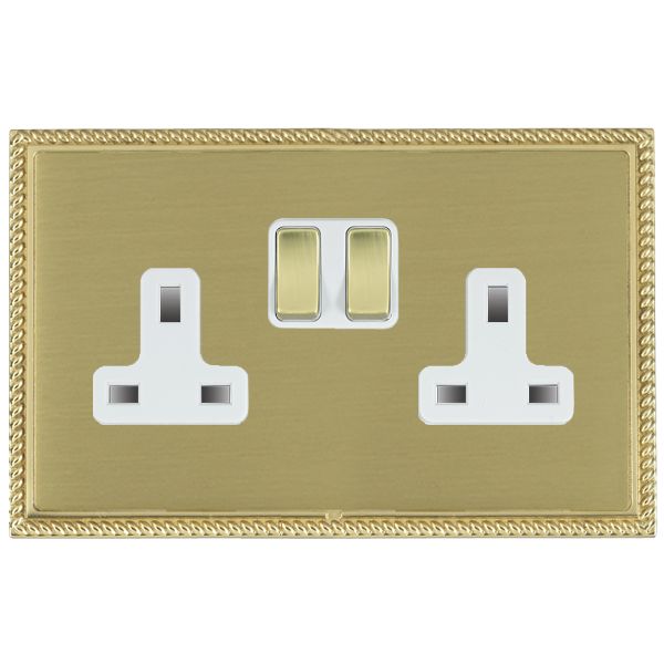 Linea-Perlina CFX Polished Brass Frame/Satin Brass Front 2 gang 13A Double Pole Switched Socket Polished Brass/White