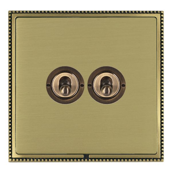 Linea-Perlina CFX Antique Brass Frame/Satin Brass Front 2 gang 20AX 2 Way Toggle Antique Brass