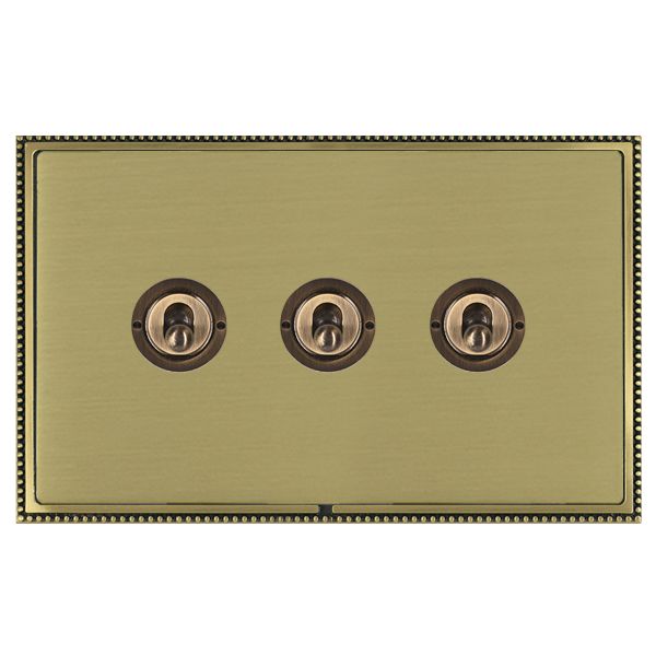 Linea-Perlina CFX Antique Brass Frame/Satin Brass Front 3 gang 20AX 2 Way Toggle Antique Brass