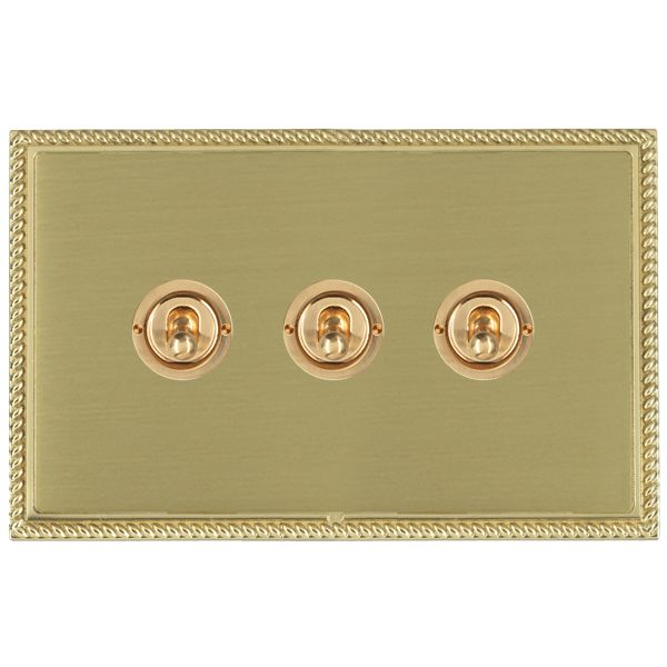 Linea-Perlina CFX Polished Brass Frame/Satin Brass Front 3 gang 20AX 2 Way Toggle Polished Brass