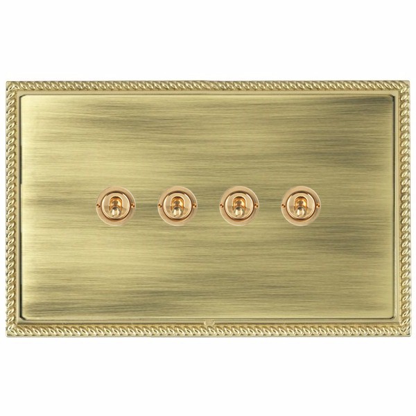 Linea-Perlina CFX Polished Brass Frame/Antique Brass Front 4 gang 20AX 2 Way Toggle Polished Brass