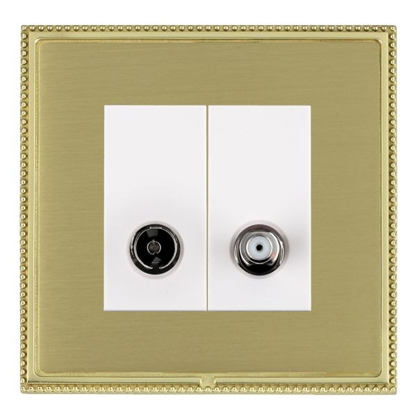 Linea-Perlina CFX Polished Brass Frame/Satin Brass Front 2 gang Non-Isolated TV+Satellite 2in/2out White