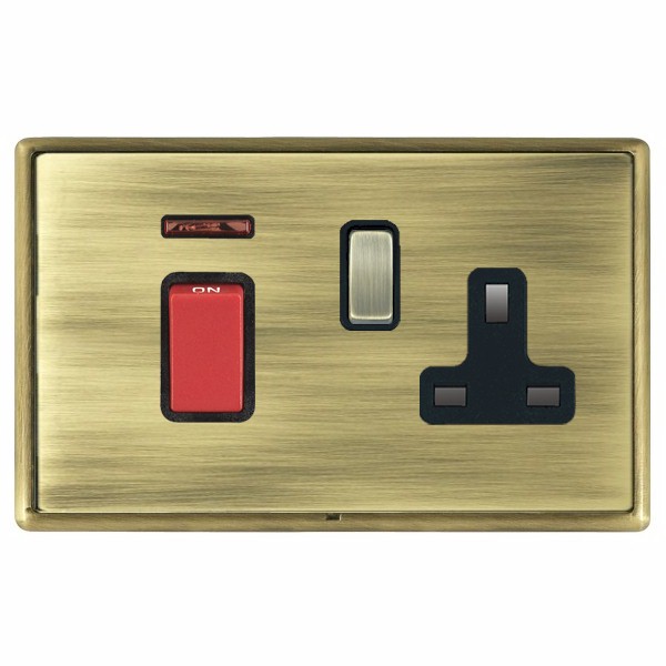 Linea-Rondo CFX Antique Brass Frame/Antique Brass Front 45A Double Pole Rocker + Neon + 13A Switched Socket Red+Antique Brass/Black