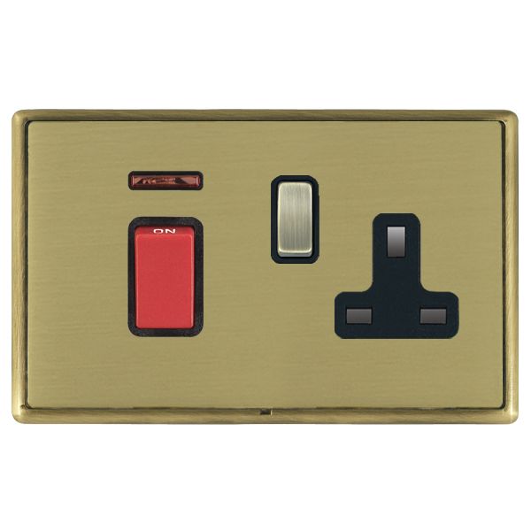 Linea-Rondo CFX Antique Brass Frame/Satin Brass Front 45A Double Pole Rocker + Neon + 13A Switched Socket Red+Antique Brass/Black