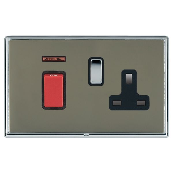 Linea-Rondo CFX Bright Chrome Frame/Black Nickel Front 45A Double Pole Rocker + Neon + 13A Switched Socket Red+Bright Chrome/Black