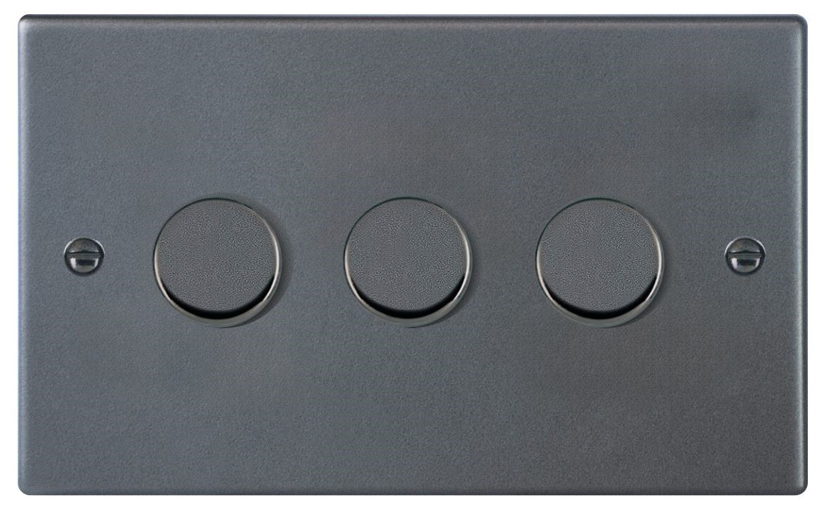 Hartland Anthra Gray 3 gang 250W LED 2 Way Push On/Off Rotary Dimmer Anthra Gray Minimum Load = 5W(LED) Maximum Load = 250W(LED) Trailing Edge / 150W(LED) Leading Edge