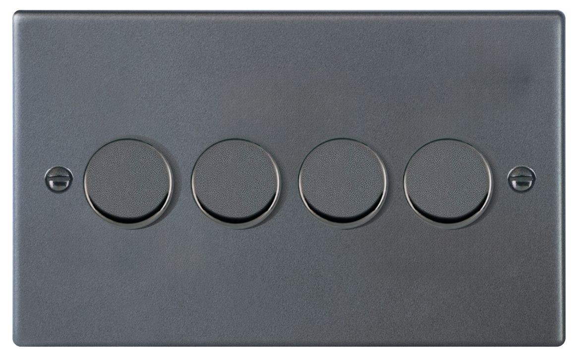 Sheer Anthra Gray 4 gang 250W LED 2 Way Push On/Off Rotary Dimmer Anthra Gray Minimum Load = 5W(LED) Maximum Load = 250W(LED) Trailing Edge / 150W(LED) Leading Edge