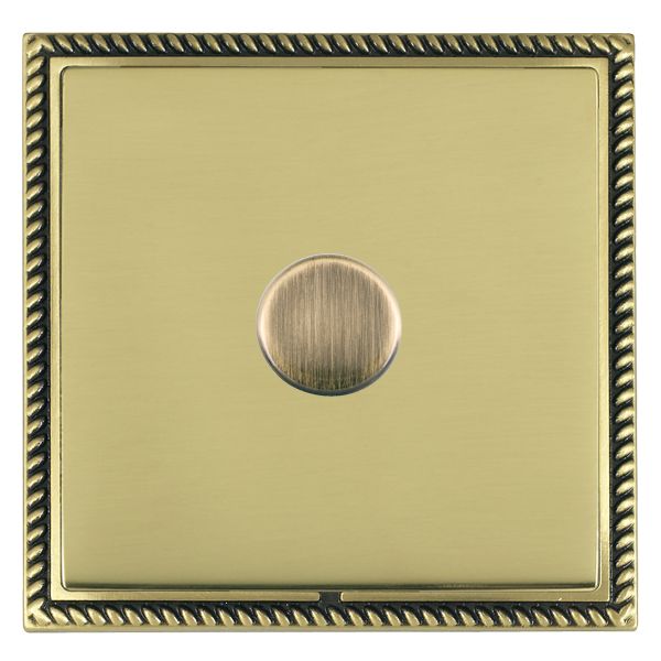 Linea-Georgian CFX Antique Brass Frame/Polished Brass Front 1 gang 250W LED 2 Way Push On/Off Rotary Dimmer Antique Brass