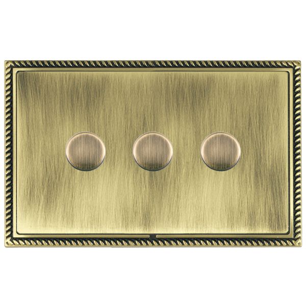 Linea-Georgian CFX Antique Brass Frame/Antique Brass Front 2 gang 250W LED 2 Way Push On/Off Rotary Dimmer Antique Brass