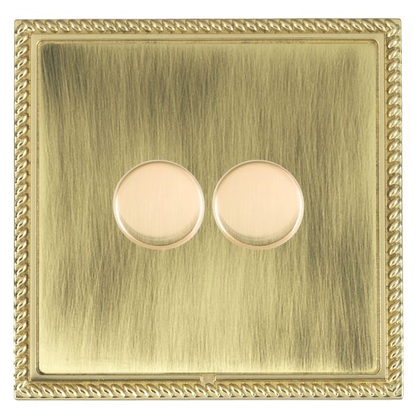 Linea-Georgian CFX Polished Brass Frame/Antique Brass Front 2 gang 250W LED 2 Way Push On/Off Rotary Dimmer Polished Brass