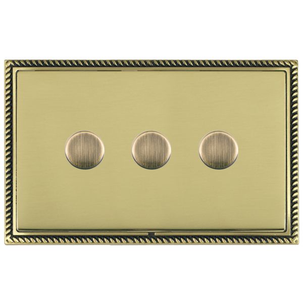 Linea-Georgian CFX Antique Brass Frame/Polished Brass Front 3 gang 250W LED 2 Way Push On/Off Rotary Dimmer Antique Brass