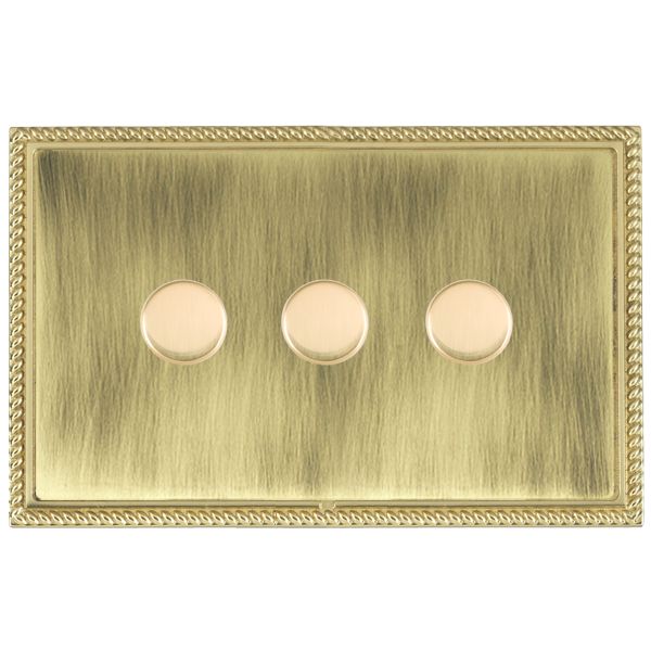 Linea-Georgian CFX Polished Brass Frame/Antique Brass Front 3 gang 250W LED 2 Way Push On/Off Rotary Dimmer Polished Brass