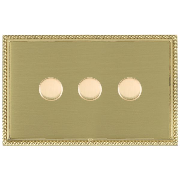 Linea-Georgian CFX Polished Brass Frame/Satin Brass Front 3 gang 250W LED 2 Way Push On/Off Rotary Dimmer Polished Brass