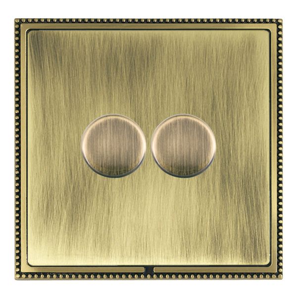 Linea-Perlina CFX Antique Brass Frame/Antique Brass Front 2 gang 250W LED 2 Way Push On/Off Rotary Dimmer Antique Brass