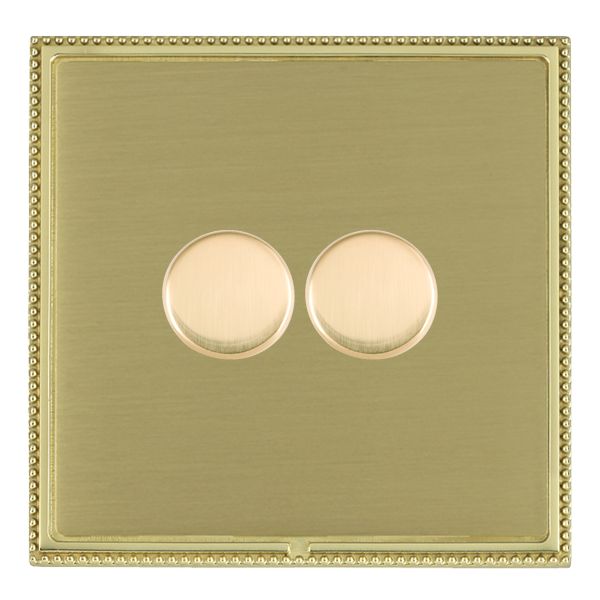 Linea-Perlina CFX Polished Brass Frame/Satin Brass Front 2 gang 250W LED 2 Way Push On/Off Rotary Dimmer Polished Brass