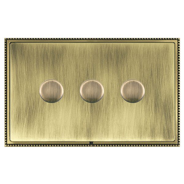 Linea-Perlina CFX Antique Brass Frame/Antique Brass Front 3 gang 250W LED 2 Way Push On/Off Rotary Dimmer Antique Brass