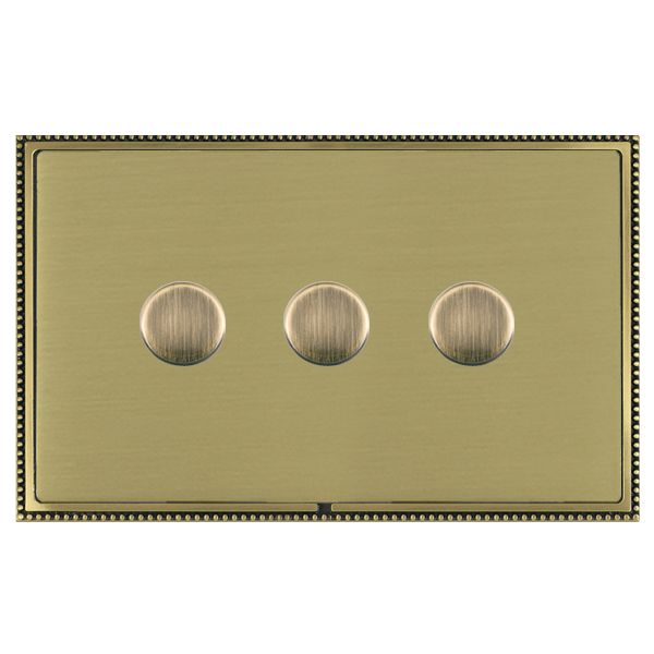 Linea-Perlina CFX Antique Brass Frame/Satin Brass Front 3 gang 250W LED 2 Way Push On/Off Rotary Dimmer Antique Brass
