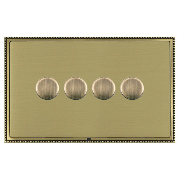 Linea-Perlina CFX Antique Brass Frame/Satin Brass Front 4 gang 250W LED 2 Way Push On/Off Rotary Dimmer Antique Brass